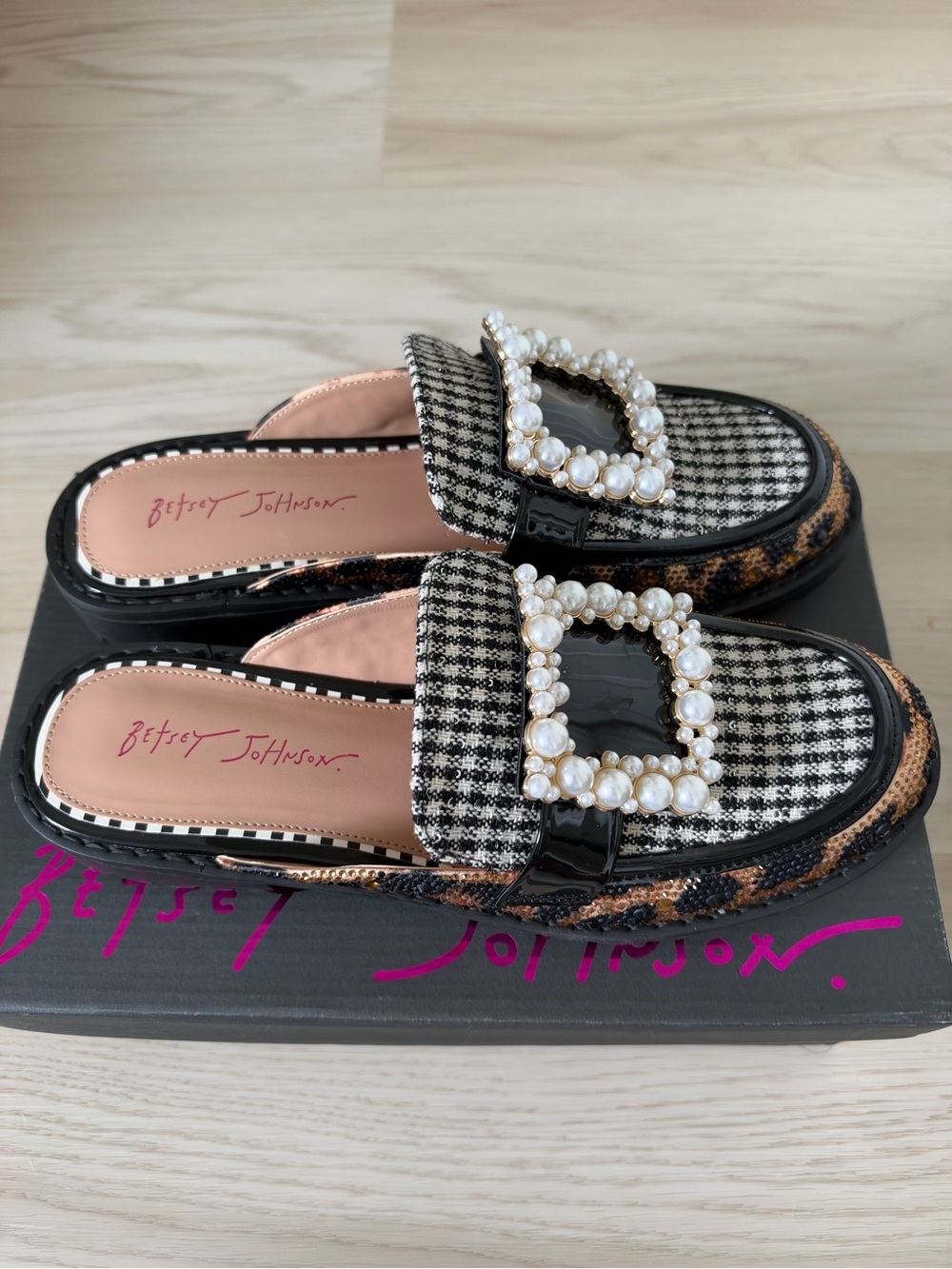 Betsey Johnson Houndstooth Pearl-Embellished Mules